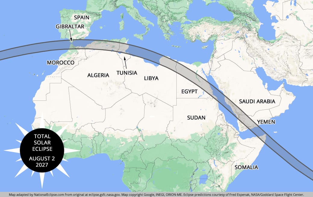 Map of the path of totality of the total solar eclipse of August 2, 2027, crossing Spain, Morocco, North Africa, Egypt, Saudi Arabia, Yemen and Somalia