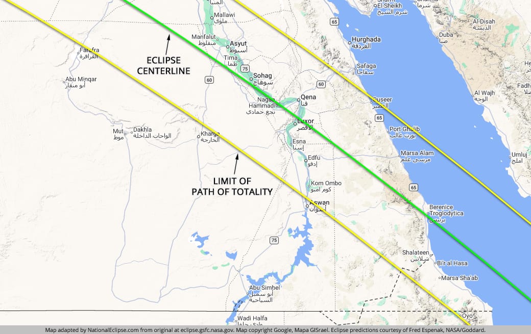 Map of Upper Egypt showing the eclipse centerline and the limits of the path of totality from Asyut to Aswan and the Red Sea coast, with Luxor beside the centerline