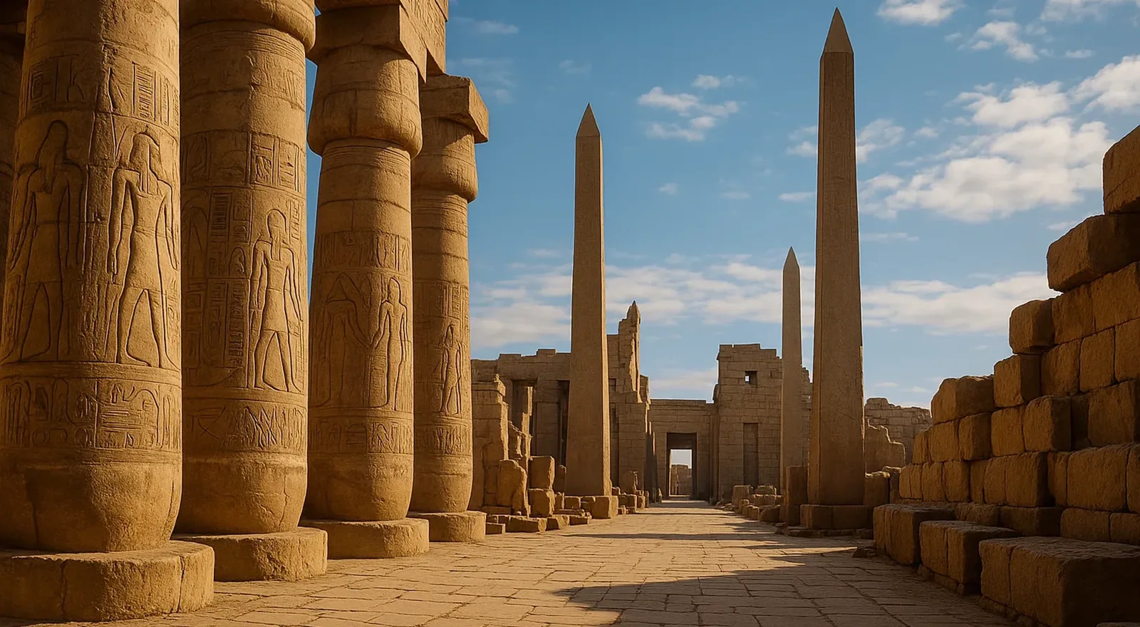 Columnas decoradas y obeliscos del templo de Karnak en Luxor bajo un cielo azul