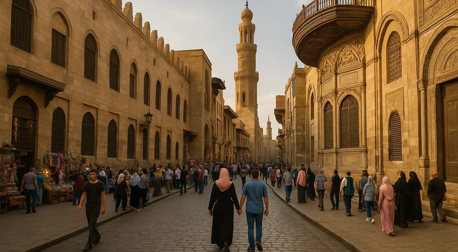 La calle Al-Muizz del Cairo islámico, con fachadas de mezquitas y minaretes