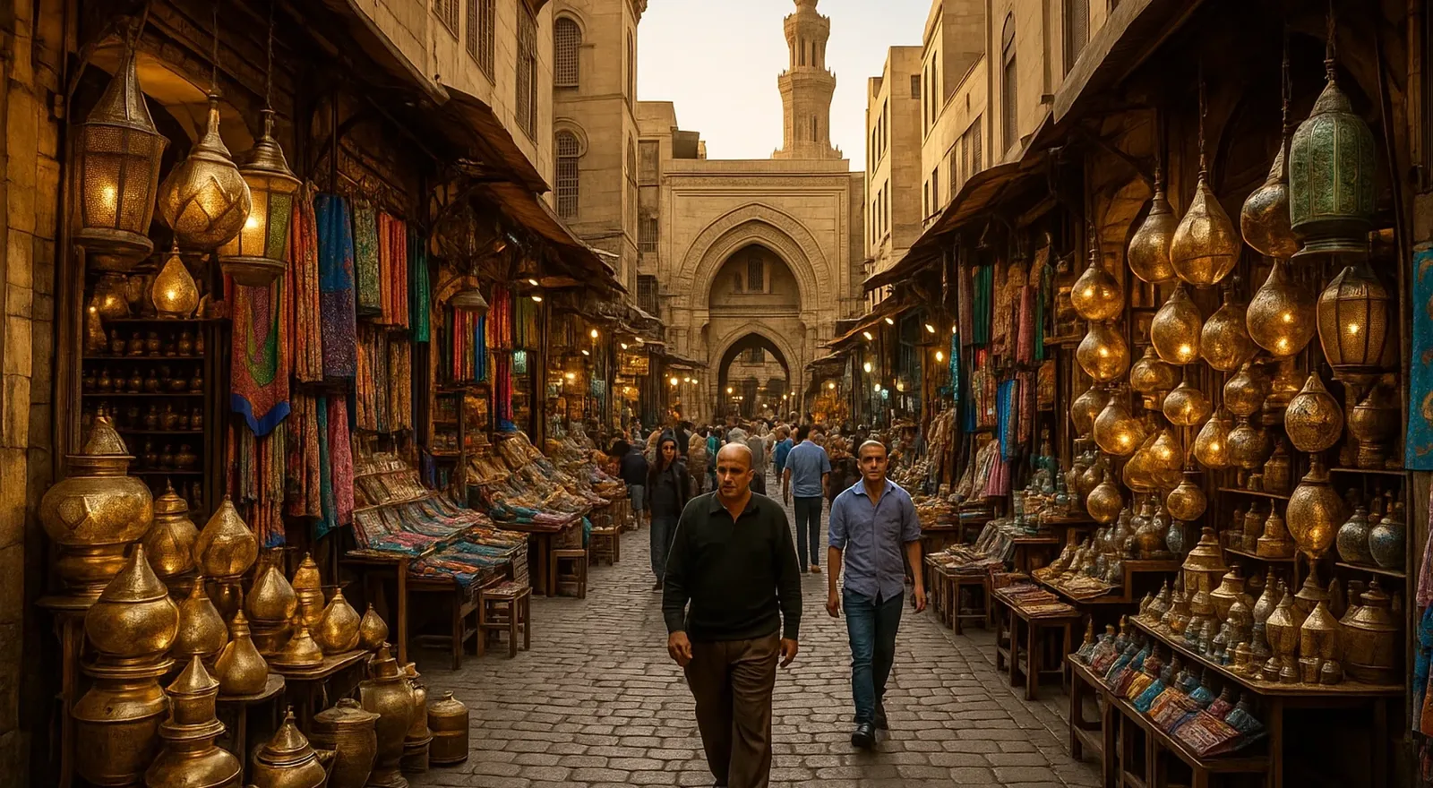 Tiendas de lámparas de latón en un callejón del bazar de Khan el Khalili
