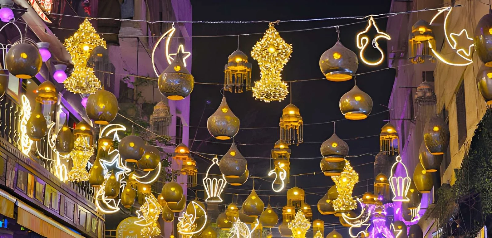 Ramadan lanterns glowing at night with traditional Islamic decorations
