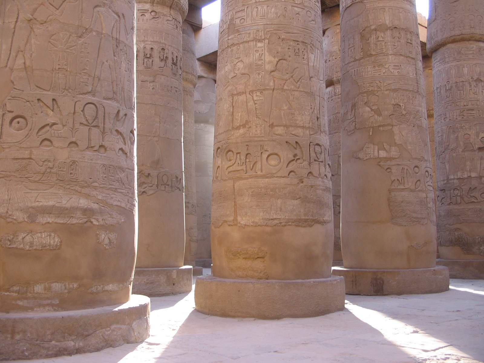 The carved columns of the Great Hypostyle Hall at Karnak Temple in Luxor