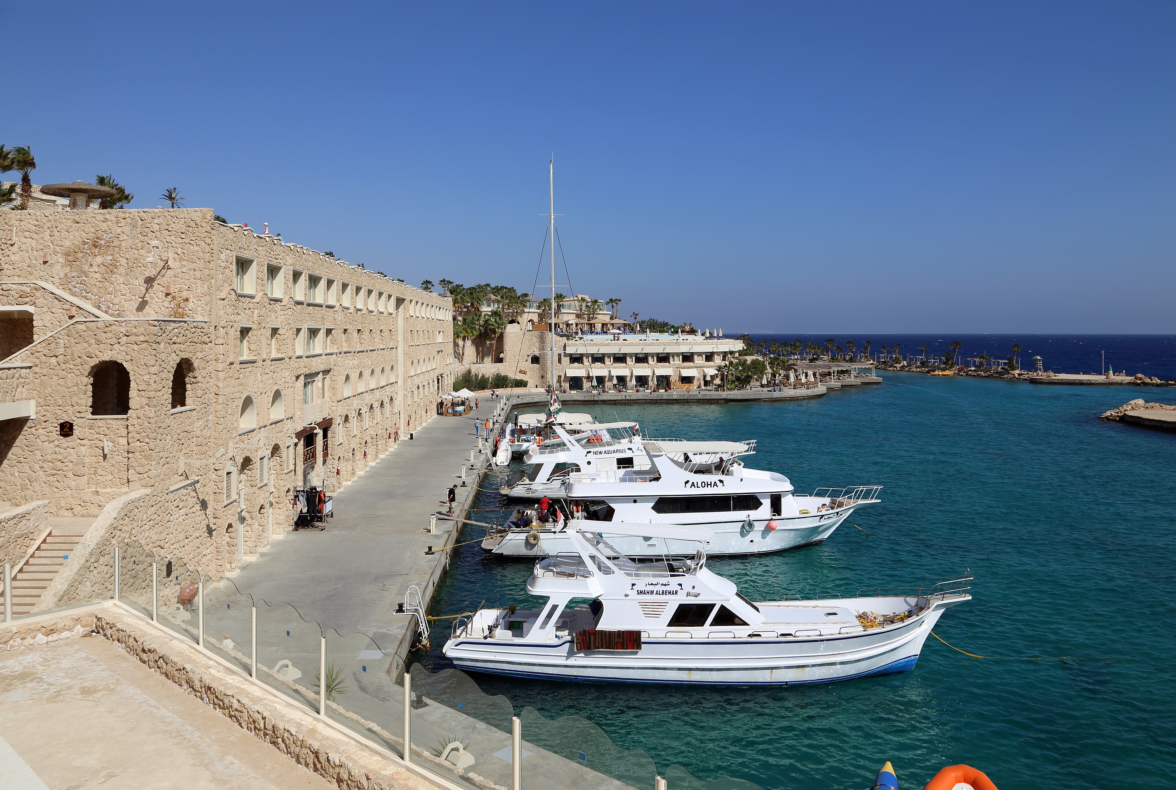 Dive boats moored in a turquoise Red Sea marina on the Hurghada coast of Egypt